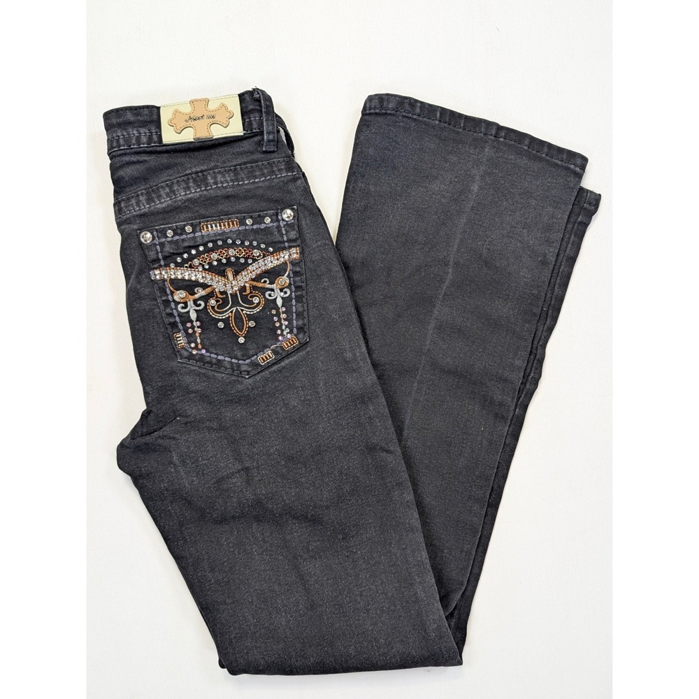 Meet Me Womens Black Bootcut Jeans Rhinestone Fleur De Lis Embellished Size 5